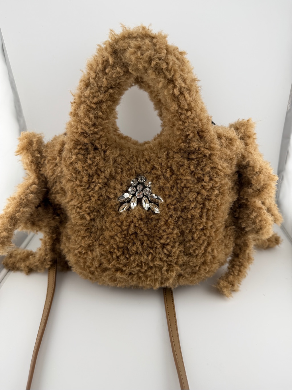 Brand New Simone Rocha “Baby Egg” Shearling Crossbody Bag With Crystal Brooch